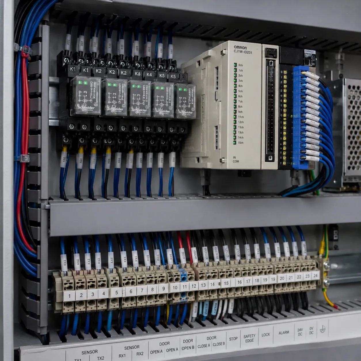 Door control panel wiring with relay modules, terminal blocks, and photoelectric sensor cables in a neat industrial electrical enclosure
