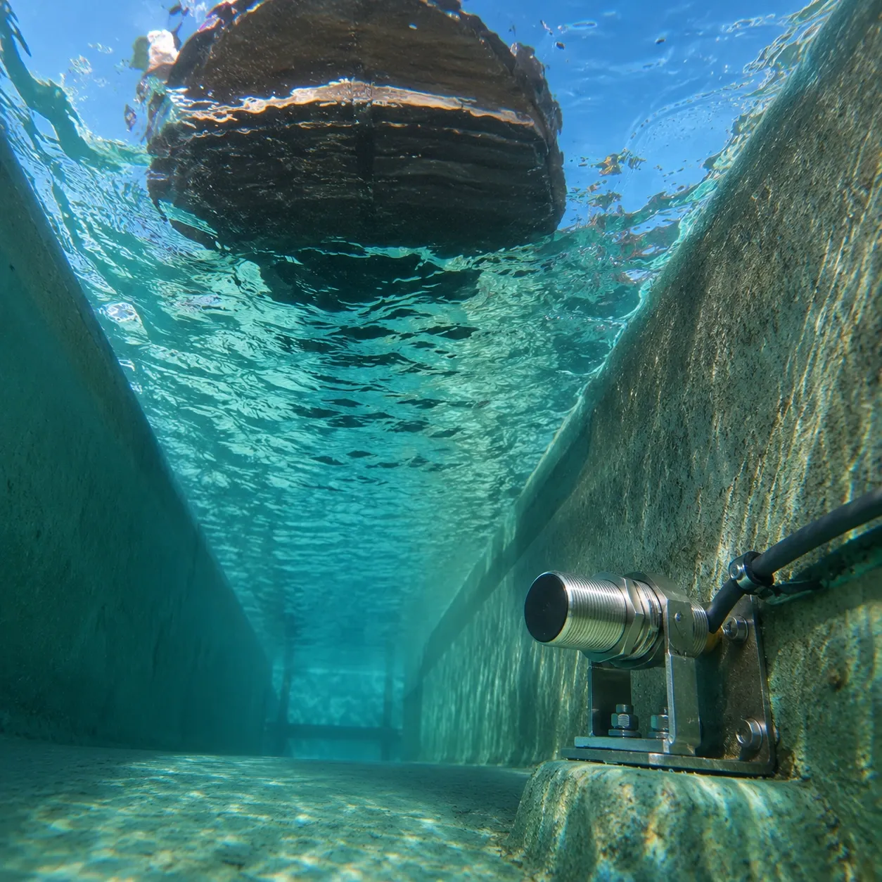 Infrared through-beam sensor pair mounted across a log flume channel with underwater IP68 housing